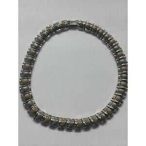 Silver ToneChocker Necklace Linked Bars Nuggets With Brown Green Acrylic Accent
